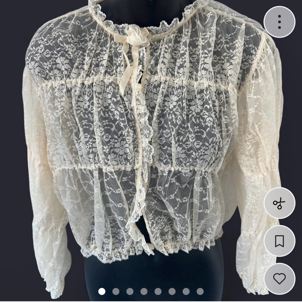 Vintage Stan‎ Herman Babydoll style Sheer Lace Tie-Front Blouse - Cream